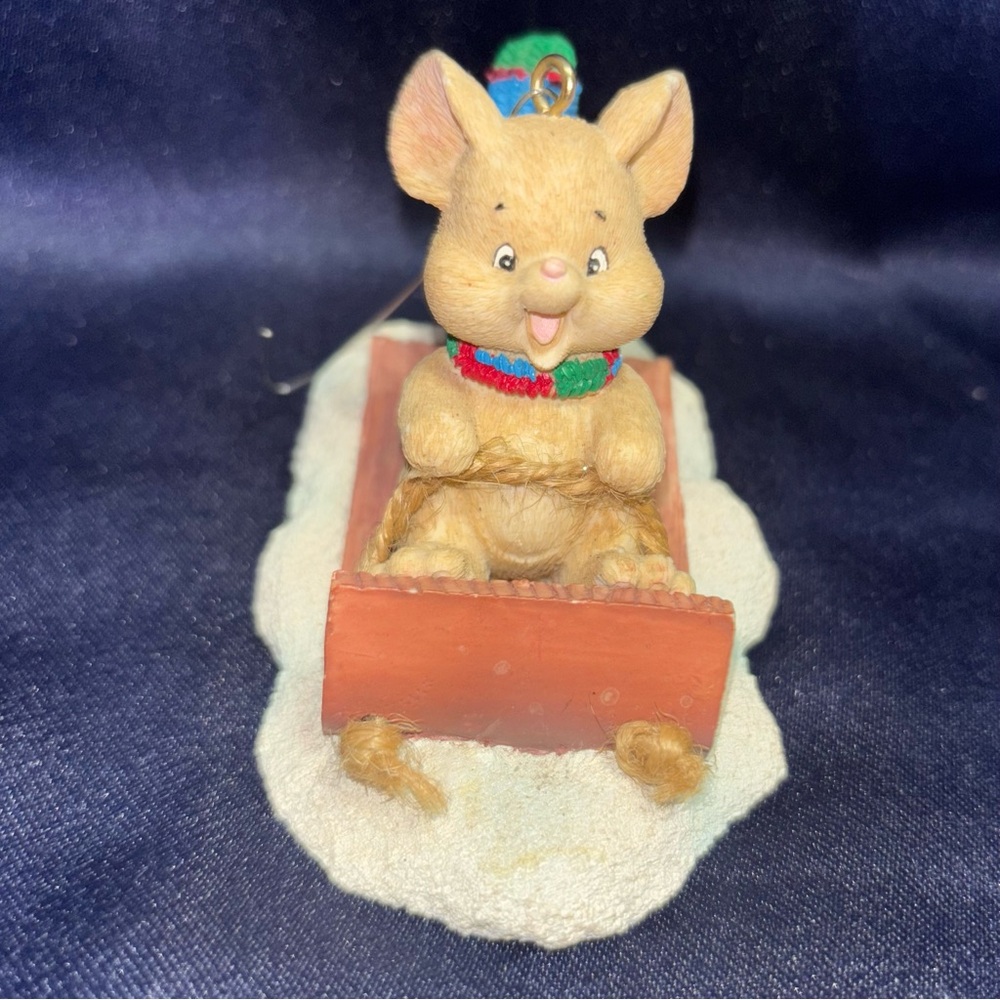 Vintage Resin Christmas Ornament, Mouse on Sled, Winter Holiday Décor